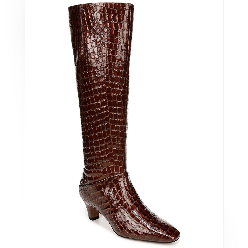 Brown Crocodile-Embossed Knee-High Boots